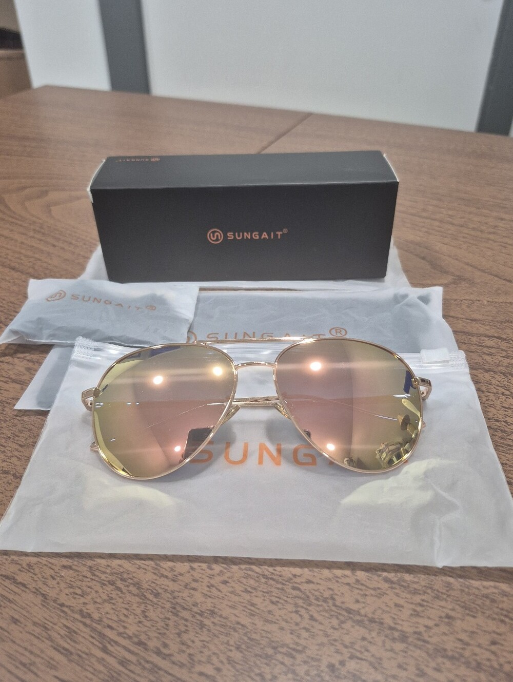 New! Sungait Gold Aviator Sunglasses With Pink And Yellow Lenses